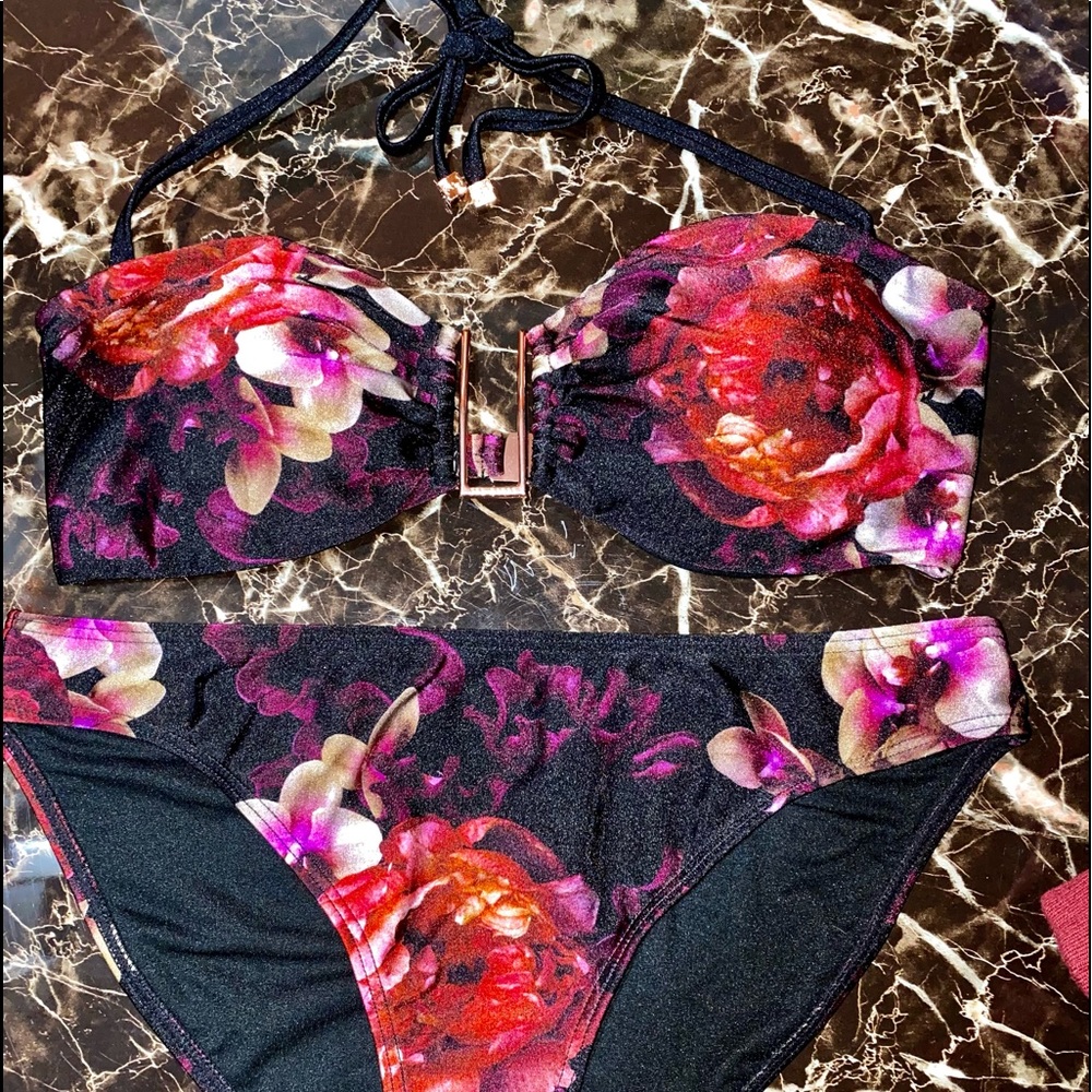 Floral Black and Red Bikini Set